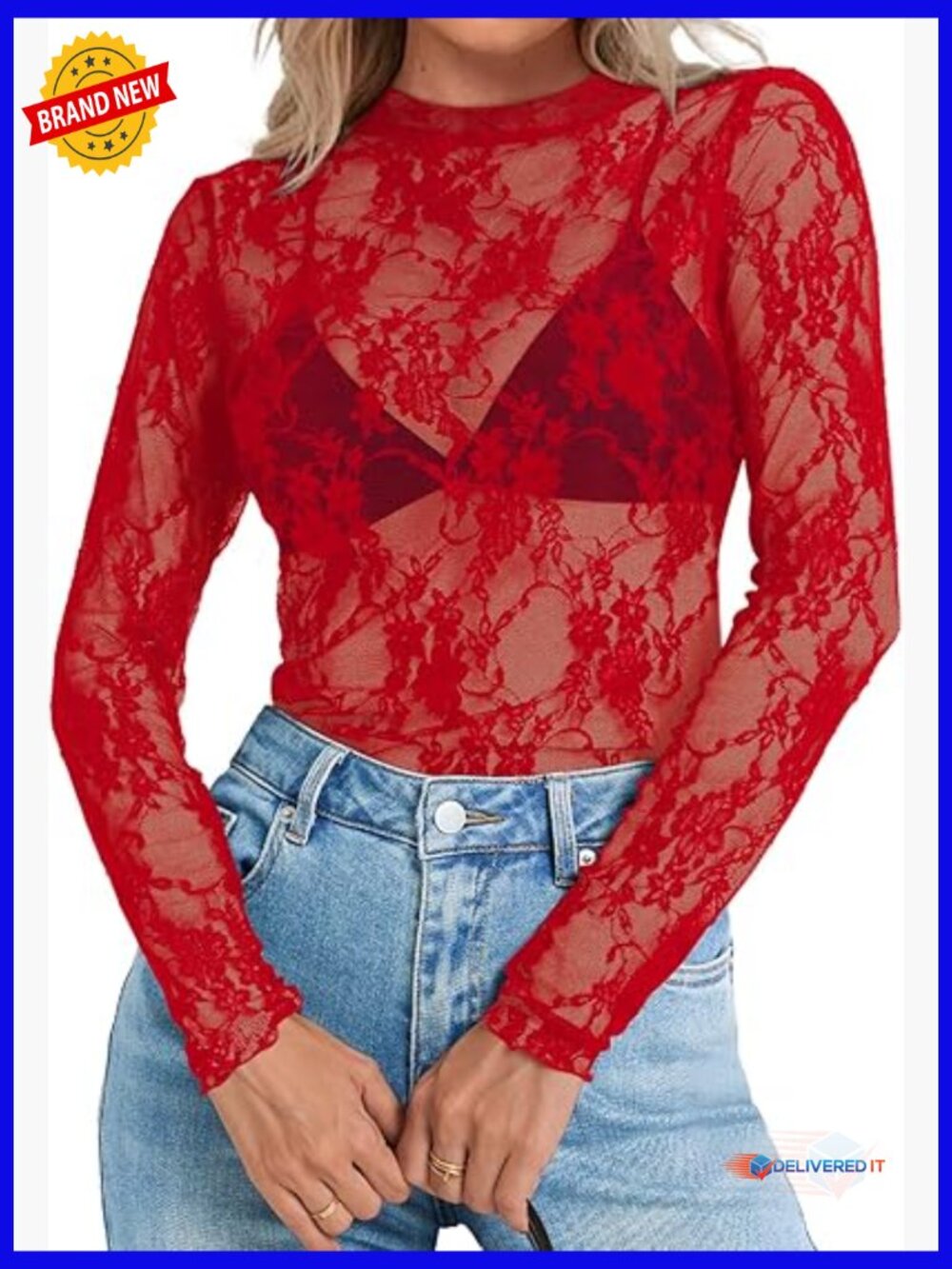 Mesh Lace Long Sleeve Mock Neck See Through Blouse Tops